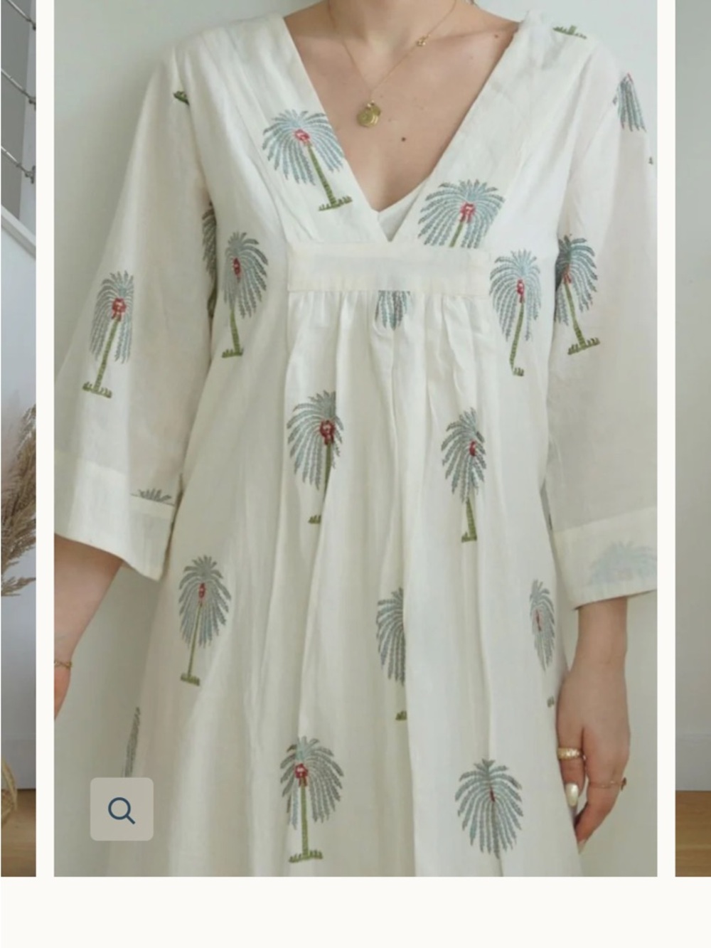 White Embroidered Palm-Print V-Neck Maxi Dress